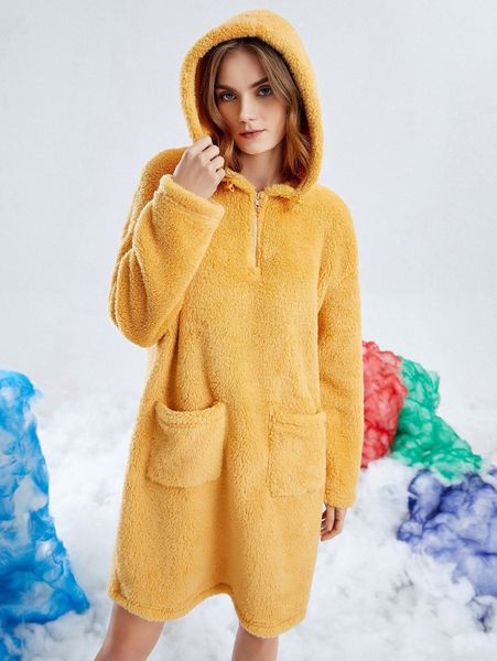 

double pocket drop shoulder teddy hooded dress v5pf#, White;black