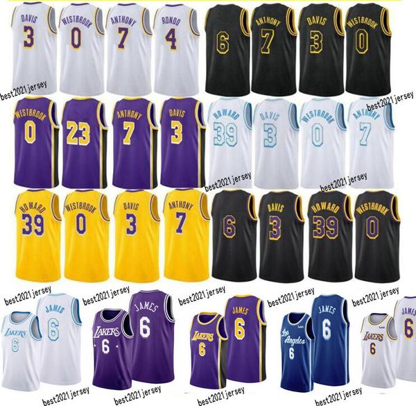 

carmelo anthony #7 davis #3 russell westbrook #0 rondo #4 james #6 howard #39 2021-22 city basketball jersey men yellow purple white shirt s, Black;red