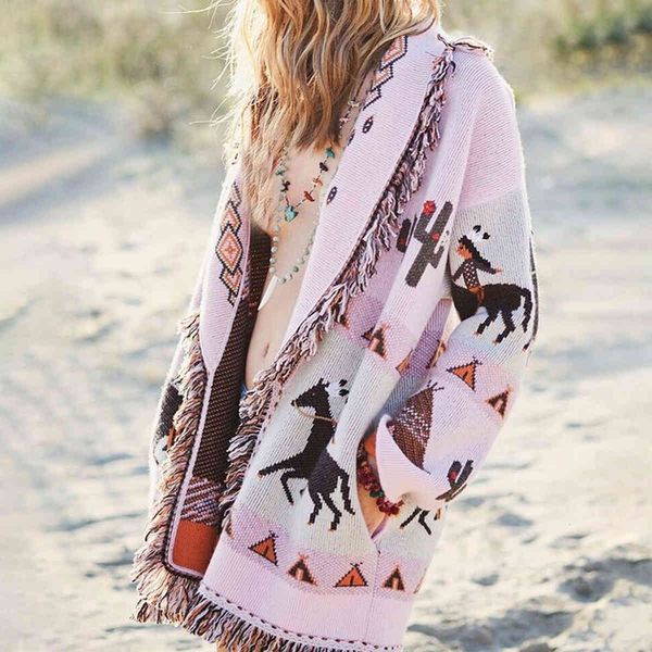 

women's sweaters boho autumn winter jacket women lapel tassel jacquard long sleeve cardigan bohemian retro m6d8, White;black