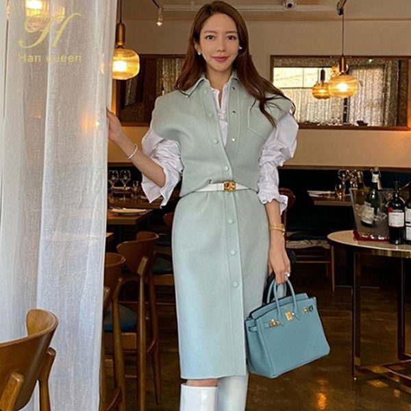 

women's trench coats h han queen korean chic 2 pieces women single-breasted woolen waistcoat long coat fashion all-match casual winter, Tan;black