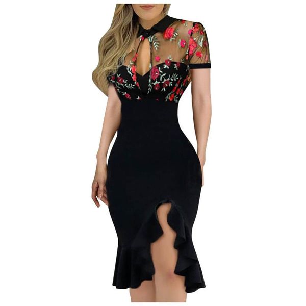 

casual dresses vintage ruffles dress woman slit hem floral pattern slimming lace long sleeve elegant party vestido mulher, Black;gray