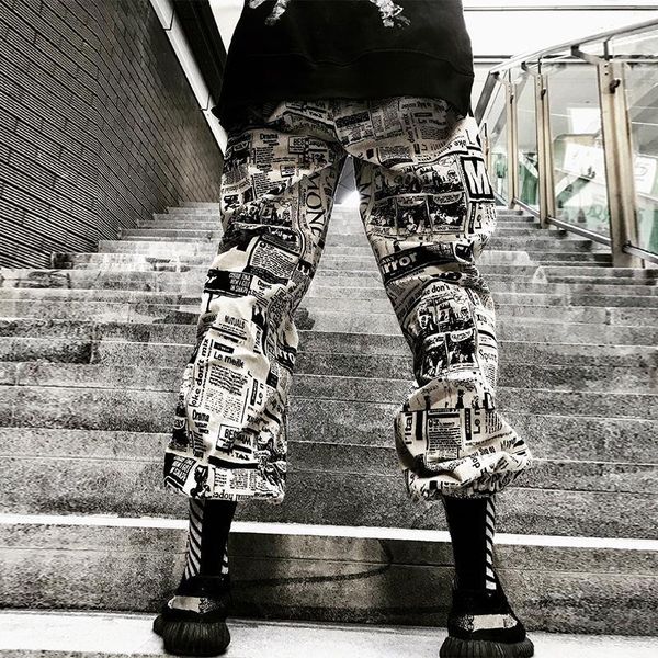 

high waist women's haren pants hip hop street sports spaper print spring and autumn fashion jogging long & capris, Black;white