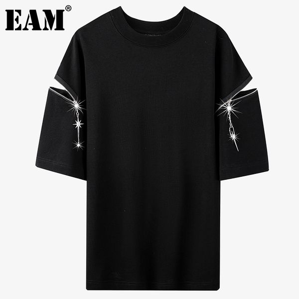 

[eam] women black off shoudler zipper big size t-shirt round neck three-quarter sleeve fashion spring summer 1dd6342 21512, White