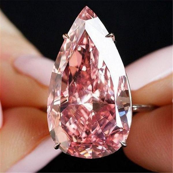 

cluster rings yo 2021 silver color big pink water drop shape cz cubic zircon stone wedding for women gift, Golden;silver