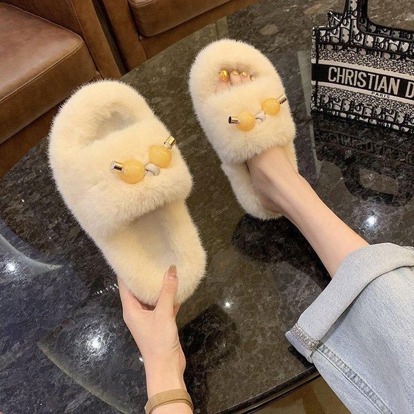 

slippers women's shoes fashion beads decorated plush comfortable non-slip home flat warm, Black