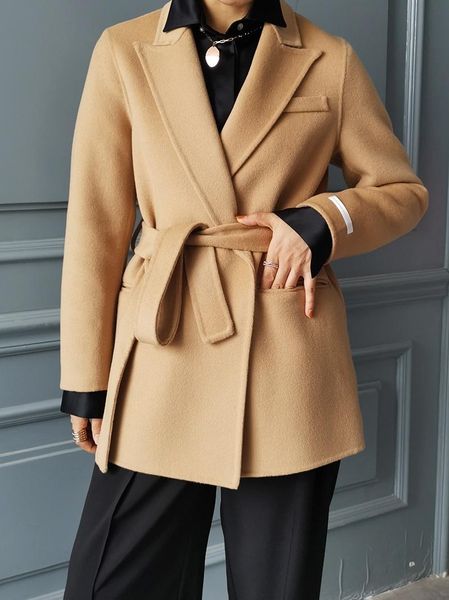 

women's wool & blends high count handmade double-sided cashmere coat women's 100 pure suit collar thin tweed short, Black