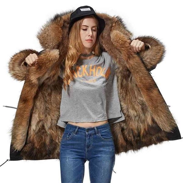 Maomaokong Winterjacke Frauen Lange Parka Echtpelzmantel Natürliche Waschbär Pelzkragen Kapuze Dicke Warme Streetwear Parkas 210917