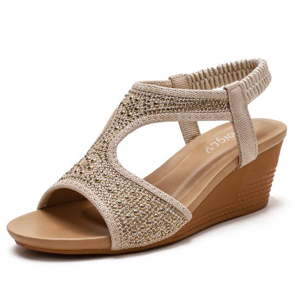 

summer female retro style sandals with drill slope heel holiday roman shoes, Black