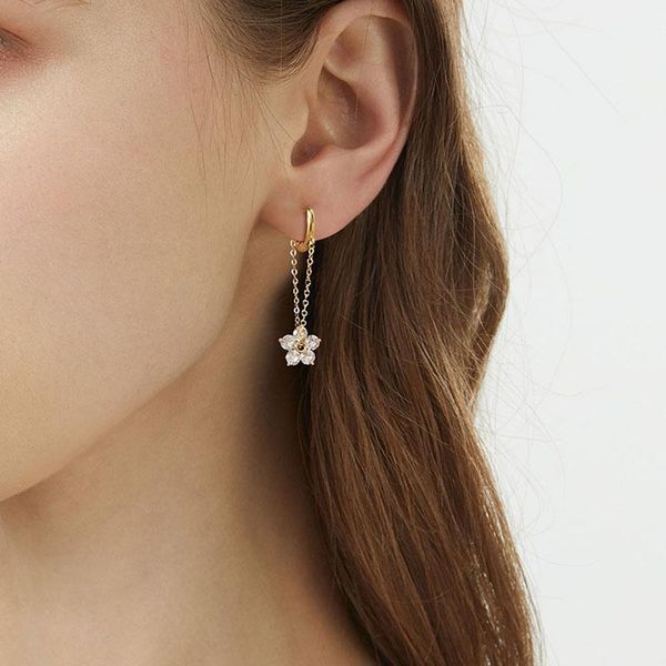 

hoop & huggie small cubic zirconia flower earrings for women chic shiny drop link charms hoops 2021 selling, Golden;silver