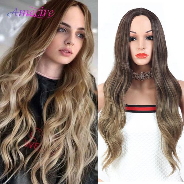 

synthetic wigs brown ombre long wave hair for black women 26inch body wig heat resistant daily party