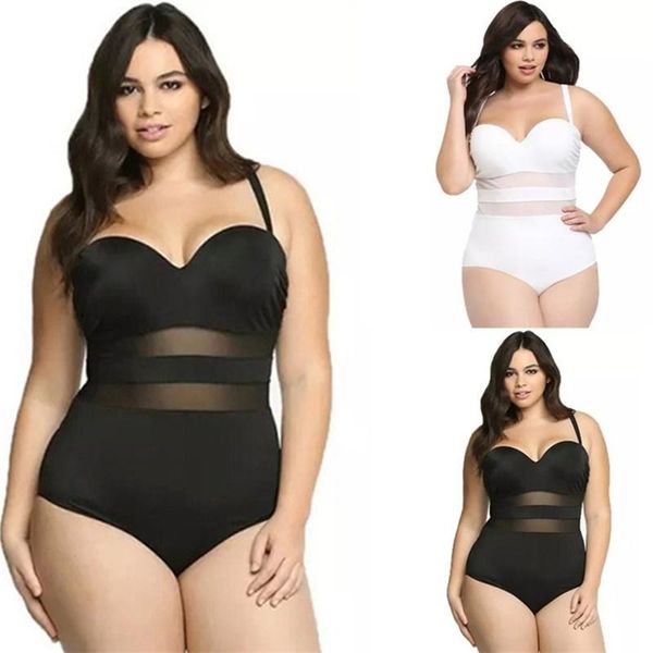 

women plus size mesh deep v neck swimwear swimsuit cross back push up bathing suit 210714, White;black