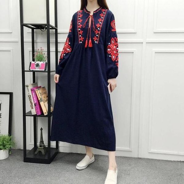 

casual dresses floral embroidered ethnic dress cotton linen lantern long sleeve maxi black blue white loose women wf336, Black;gray