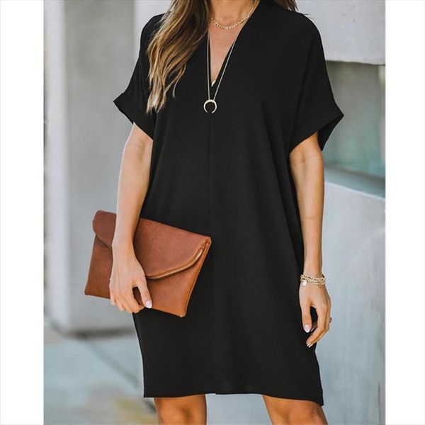 

leosoxs summer deep womens dress v neck short batwing sleeve fashion casual beach solid loose ladies mini dresses, Black;gray