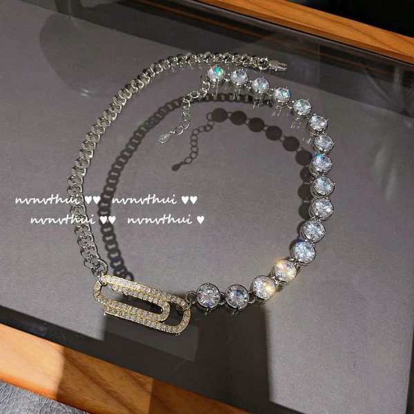 

strands strings bright luminous spinel necklace plated 18k gold multi section zircon flash diamond chain pin neck clavicle, Black