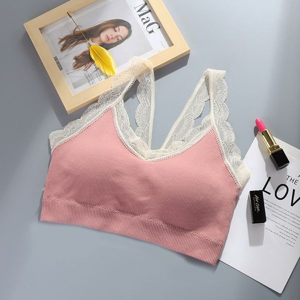 

Women Tank Crop Top Cute Lace Camisole French Bra Top Thread Wrap Chest Removable Breathable Chest Pad, Caramel