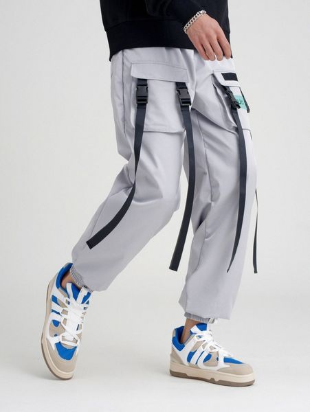 

men buckled strap flap pocket letter patched detail pants j5mj#, Black