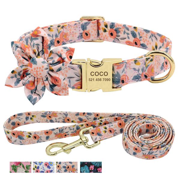 Individuell graviertes Halsband mit Leine, bedrucktes Nylon-ID-Halsband, Haustier-Laufgürtel für kleine, mittelgroße und große Hunde, Blumenzubehör