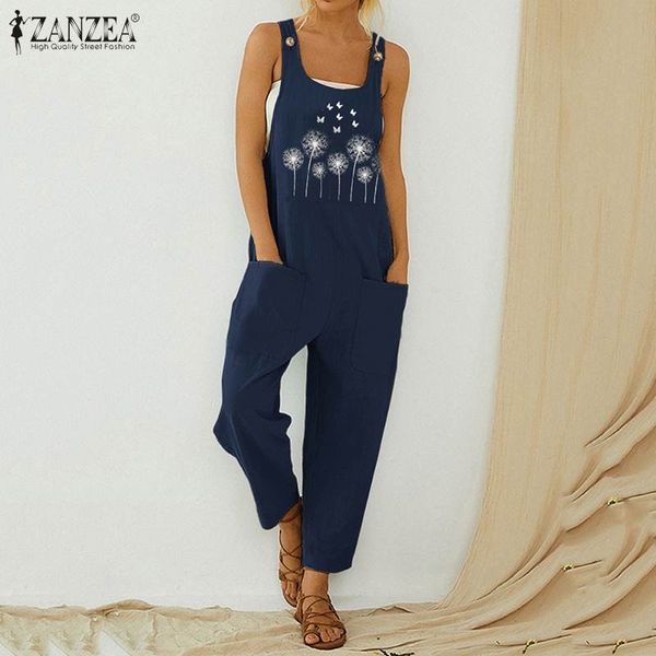 

zanzea plus size overalls women summer floral printed jumpsuits vintage cotton linen rompers casual dungarees suspenders trouser, Black;white