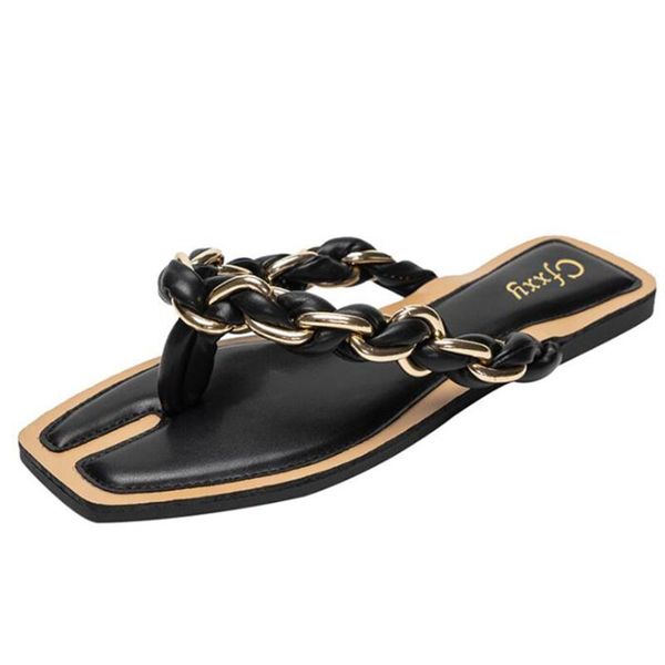 

fashion flat non-slip slippers women metal chain weave slides sandal ladies outdoor beach shoes home female flip flops cx31, Black