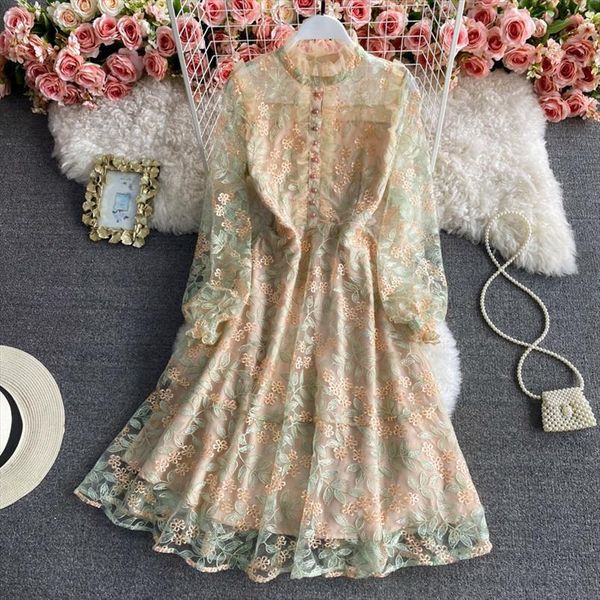 

runway mesh lace embroidered summer women dresses long sleeve flower embroidery ruffles office party midi, Black;gray