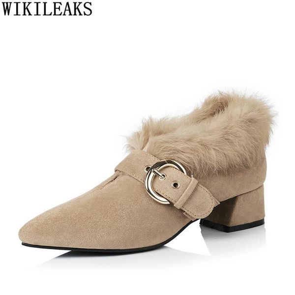 

fur boots female women shoes pumps high heels ankle luxury designer winter zapatos de mujer, Black