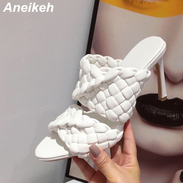 

summer pu leather braided thin high heel sandals slides women party shoes cross wove folds mules slippers 42 210507, Black