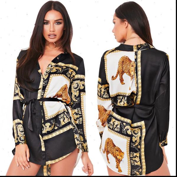 

fashion lapel women blouses long sleeve cardigan print split stylish street trend womens shirt dress chemise femme, White