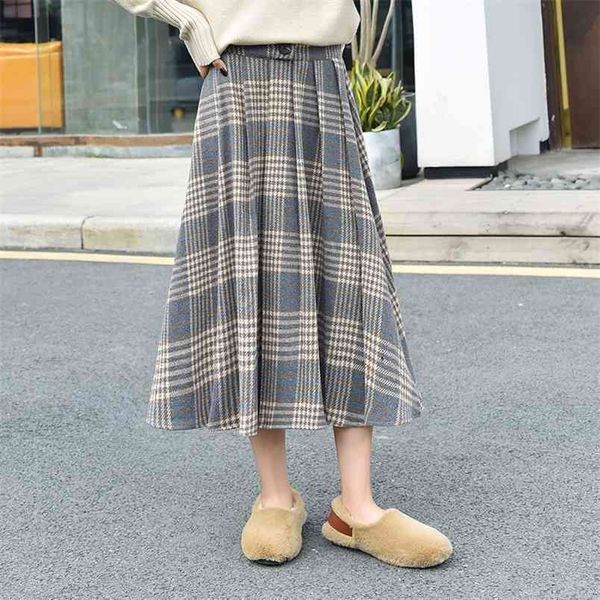 

spring & autumn elastic high waist slimming simple plaid all-match casual women a-line long skirt 210527, Black