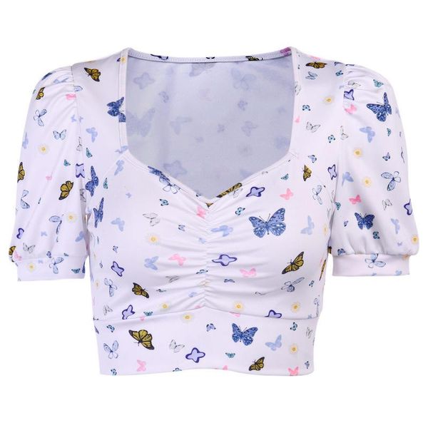 

women's t-shirt fanco fashion v-neck women white butterfly printing bubble sleeves female retro summerexposed navel slim