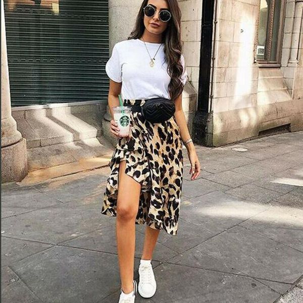

women leopard skirt wrap over asymmetrical calf length ladies summer casual high waist slim skirts sundress fashion, Black