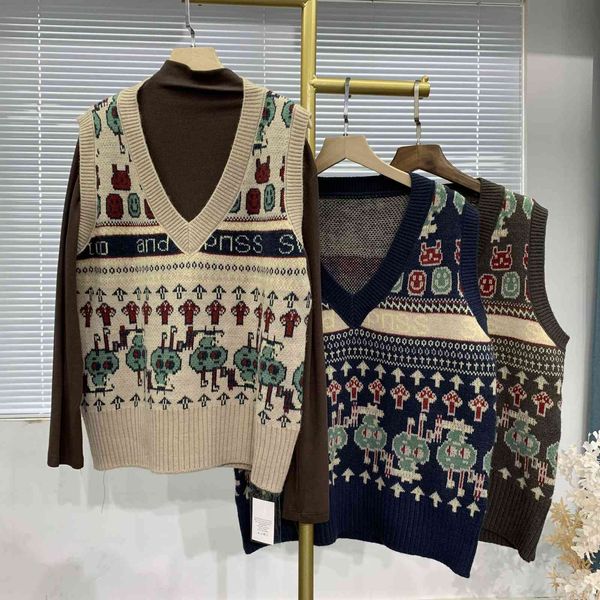 

autumn and winter 2021 jacquard v-neck loose knit vt for women, Black;white