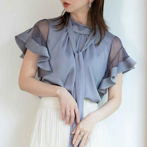

women's blouses & shirts summer sweet lace up ruffles blouse women chic mesh patchwork womens 2021 elegant short sleeve blusas mujer, White
