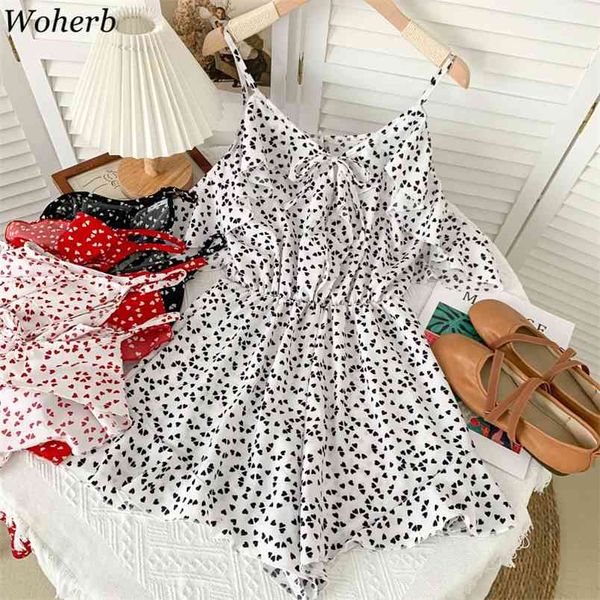 

print jumpsuits women beach shorts rompers summer cute sweet overalls fashion slim high waist playsuits femme 210519, Black;white