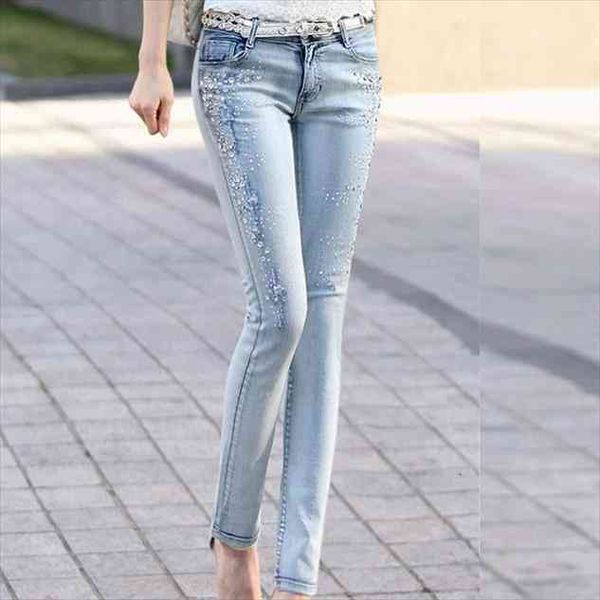 

rhinestones pencil wash denim trousers women jeans skinny fashion pants, Blue