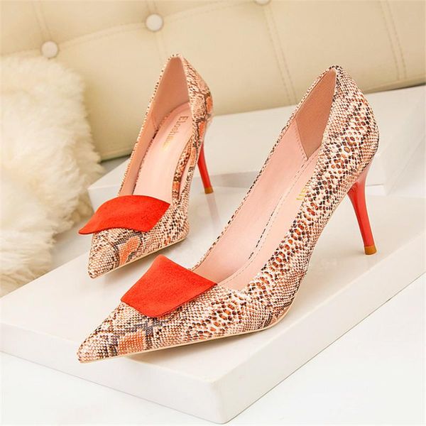 

dress shoes 2021 spring stitching snake pattern women shallow female high heels pointed nightclub single woman, Black