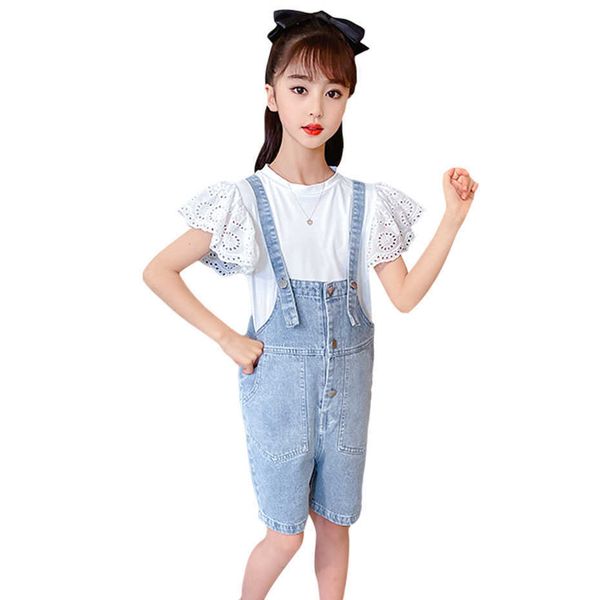 

girls clothing lace tshirt + jumpsuit tracksuits for casual clothes teenage summer children's 210528, White