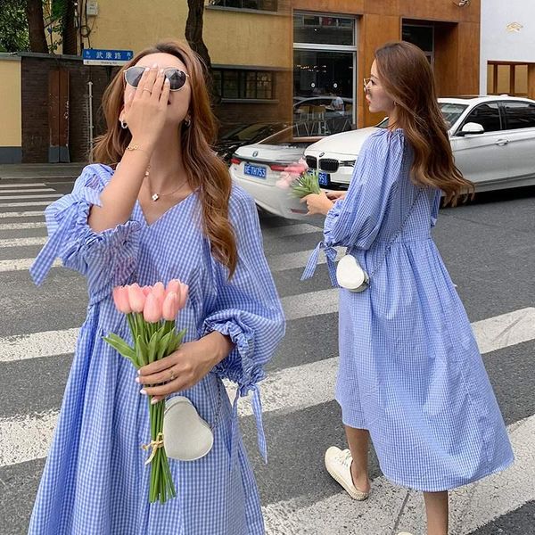 

1623# maternity clothes spring autumn cotton plaid blue color loose stylish dress pregnant women pregnancy dresses, White