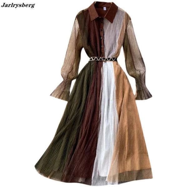 

casual dresses jarlrysberg women splice mesh dress retro turn-down collar puff sleeve button a-line autumn fashion streetwear, Black;gray