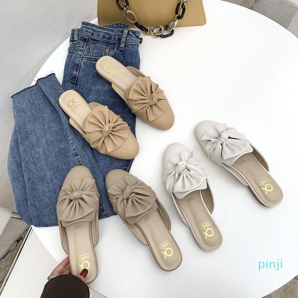 

shoes loafers cover toe woman's slippers luxury slides low 2021 flat designer soft spring pleated pu basic fabric female, Black