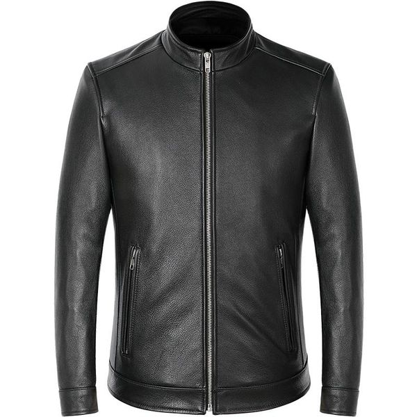 

men's leather & faux mens jacket black genuine slim fit short style motorcycle biker stand collar cowhide coat