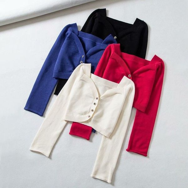 

t shirt 2021 spring fashion square neck long sleeve single breasted irregular slim open navel sweater, White