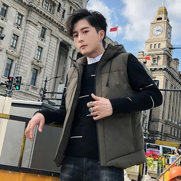 

casual waistcoat sleeveless jackets men winter vests hat down vest male hooded outwear warm coats windproof travel men's, Black;white