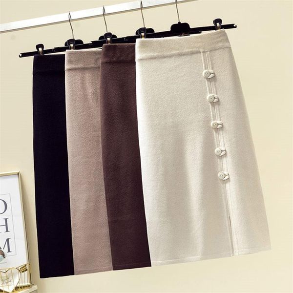 

autumn winter korea fashion women high waist slim hip long skirts button design knitting skirt female casual pencil s232 210512, White