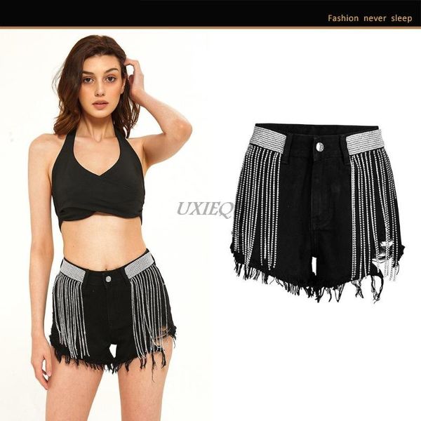 

women's jeans denim shorts 2021 summer loose high waist diamond chain black, Blue