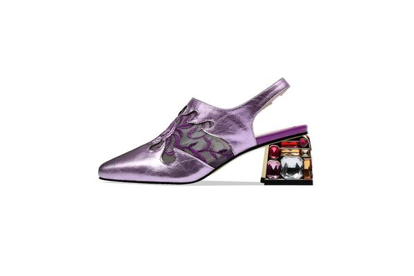 

dress shoes large size mixed colors natural leather flower embroidery slip on women pumps colorful crystals decoration slingback l10, Black