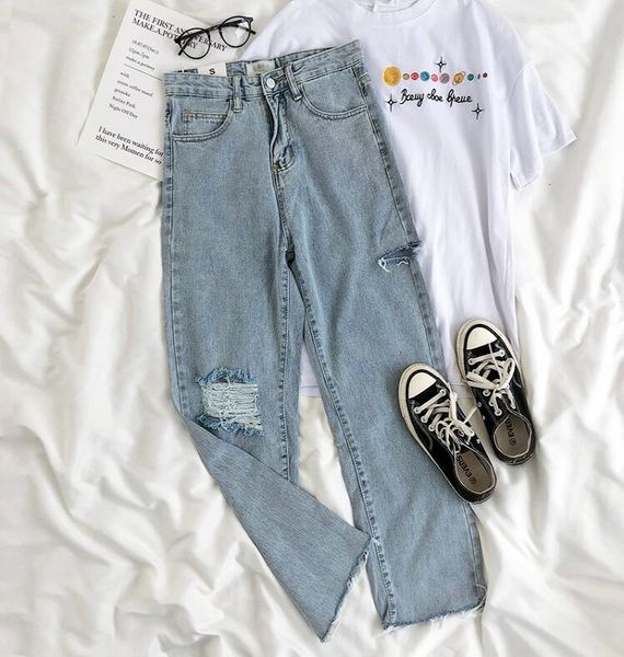 

women's jeans retro hole high waist loose straight denim trousers, Blue