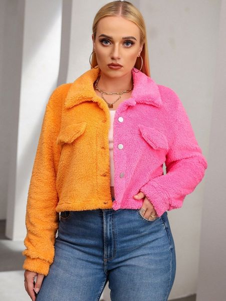 

plus two tone flap detail teddy jacket 75kr#, Black