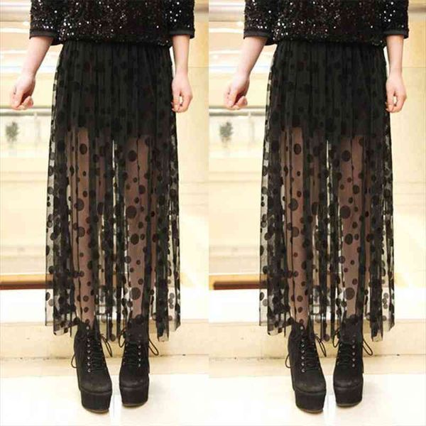 

women high waist sheer gauze mesh tulle lace dots gothic long maxi skirt, Black