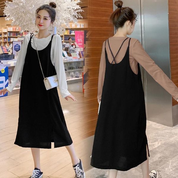 

5265# t shirt + dress maternity clothes loose stylish o neck long sleevess pregnant women pregnancy dresses, White