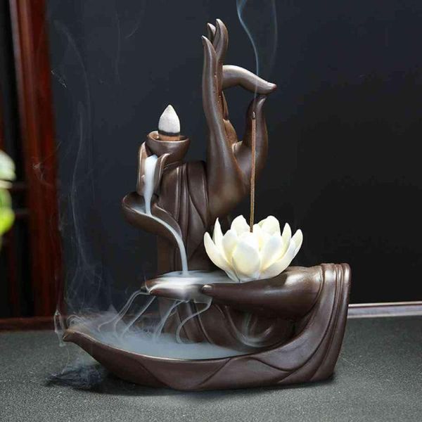 

fragrance lamps creative ceramic waterfall backflow incense burner tathagata buddha lotus cones stick holder use in home office teahouse